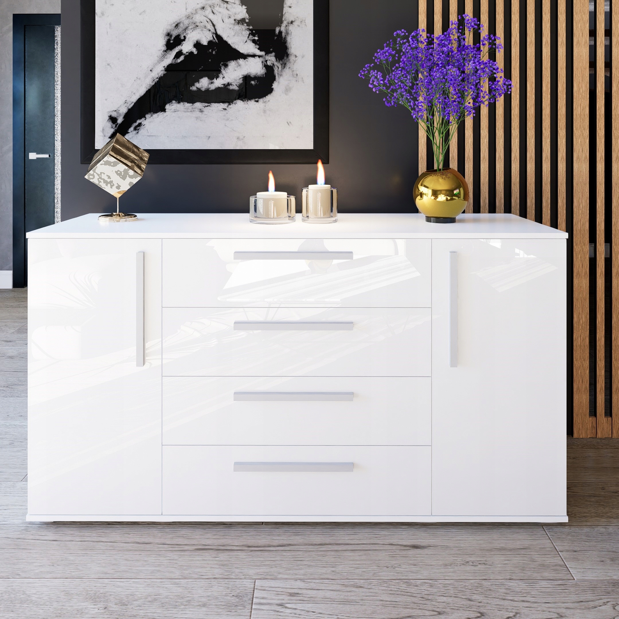 Nowoczesna komoda R2 160 cm - szuflady + szafki fronty w wysokim połysku