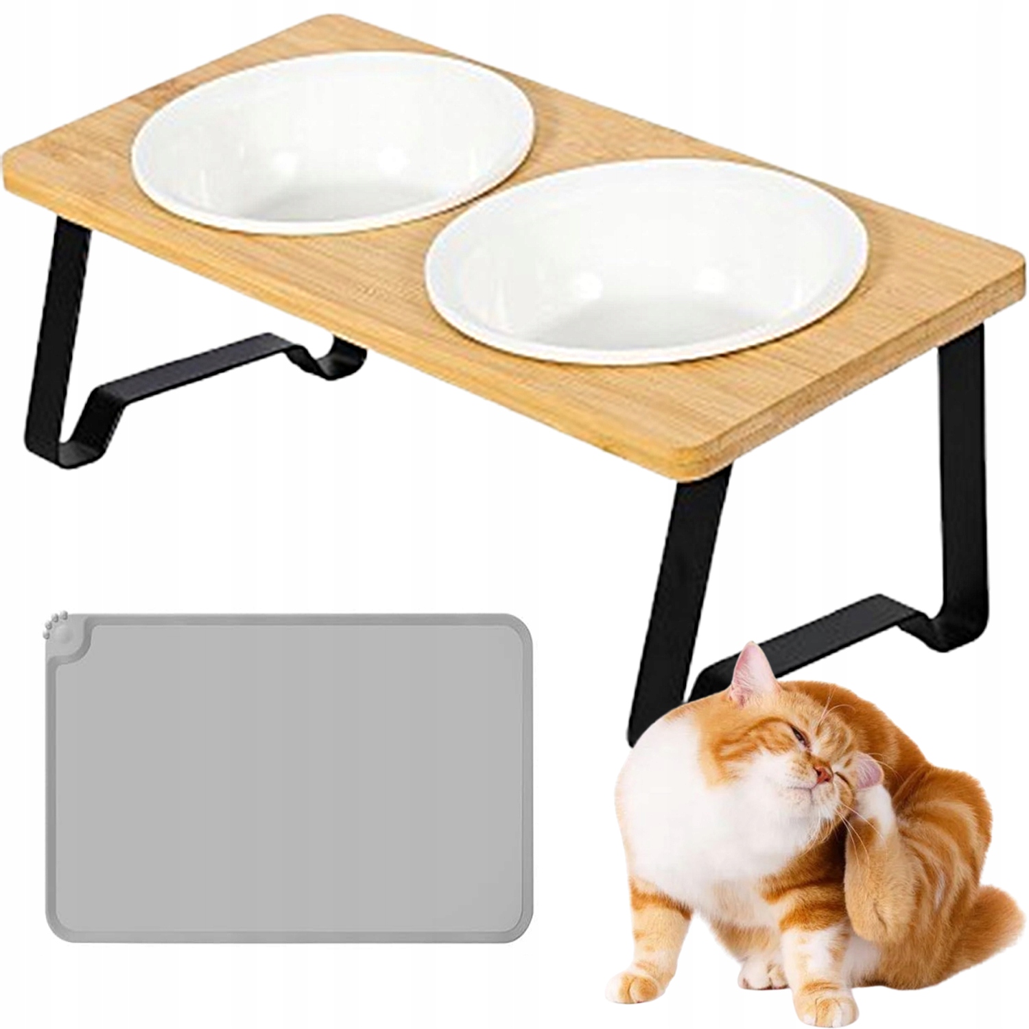 Levně Misky Pro Kočky A Psy Bambusový Stojan Se 2 Keramickými Miskami A Podložkou