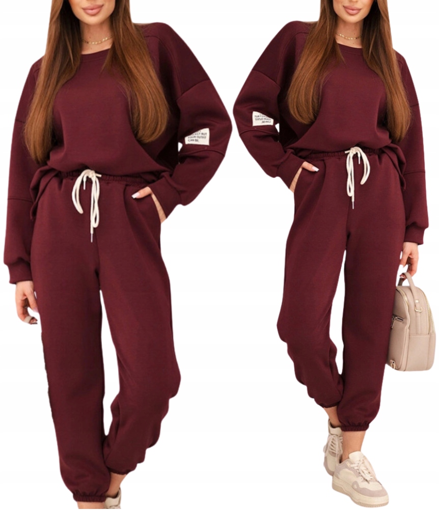 Modny Komplet Dresowy wiskoza Bluza Spodnie typu masełko Bordowy