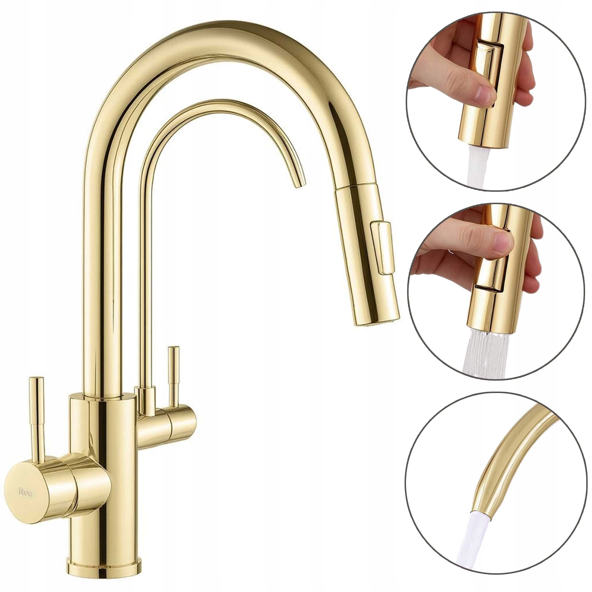 Kuchynská batéria s výsuvným výtokom zlatej farby Eco Fresh Trojdielna doska