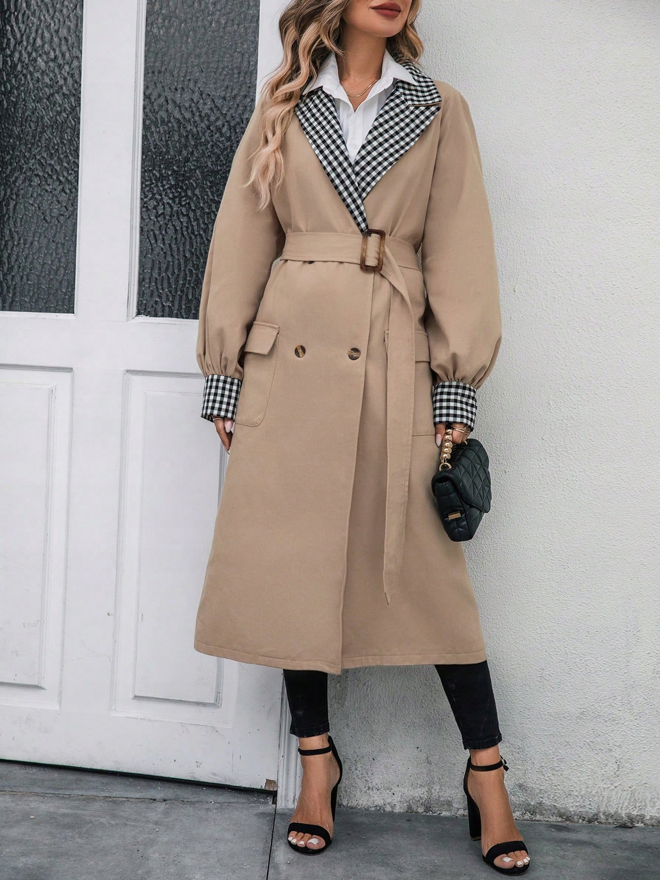 Dámský Dvouřadý Trenčkot S Kostkovaným Páskem, Béžová Barva Shein, Velikost 38