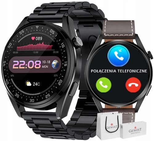 Smartwatch Giewont GW450-3 Czarny Pasek Brązowy Skórzany