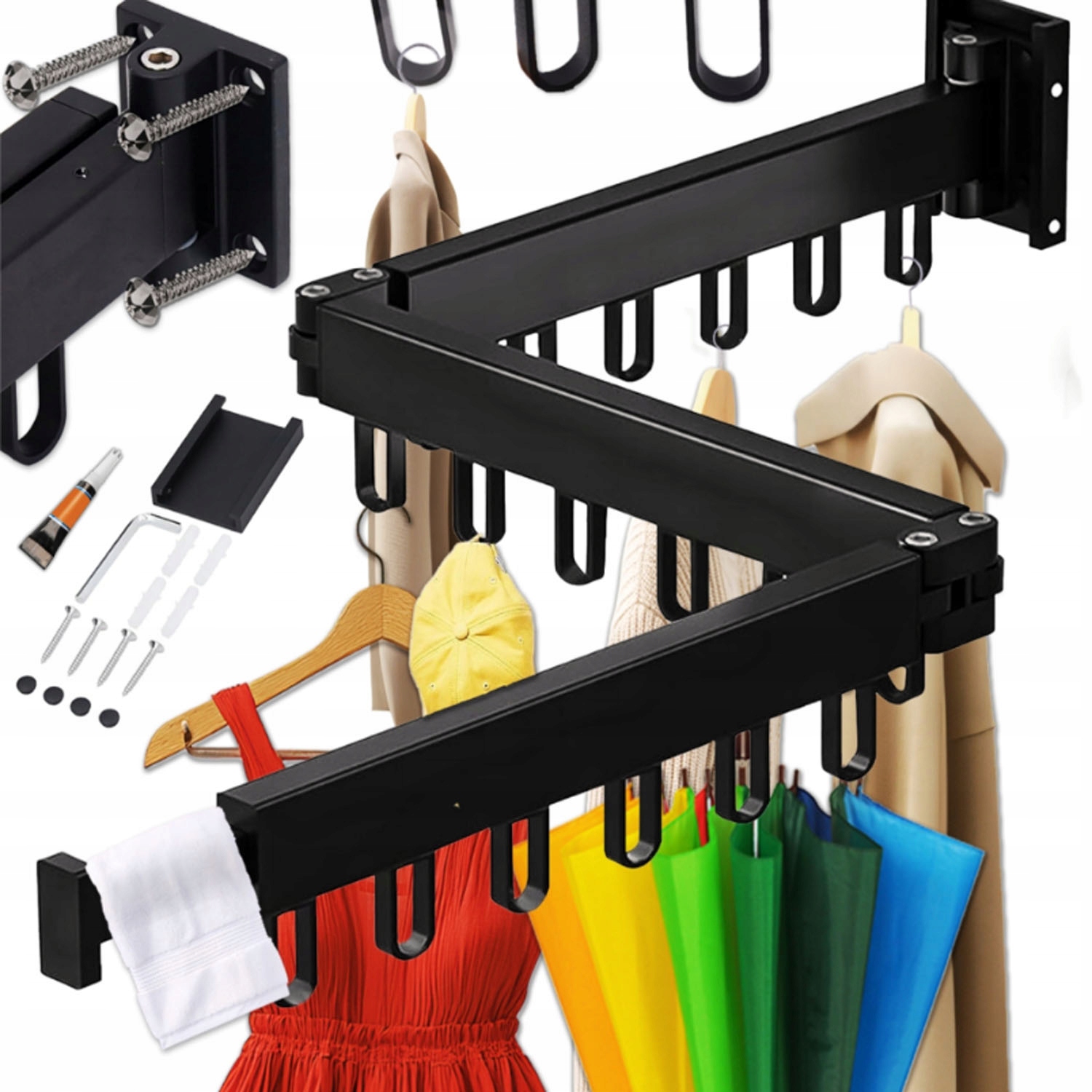 Levně Věšák Na Oblečení, Montáž Na Balkon, Skládací, Černý, 120 CM