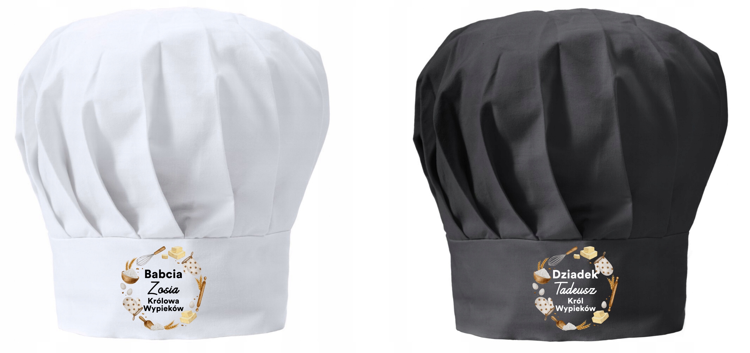 Kuchařská čepice x2 Dárek pro prarodiče Královna Král pečiva Jméno