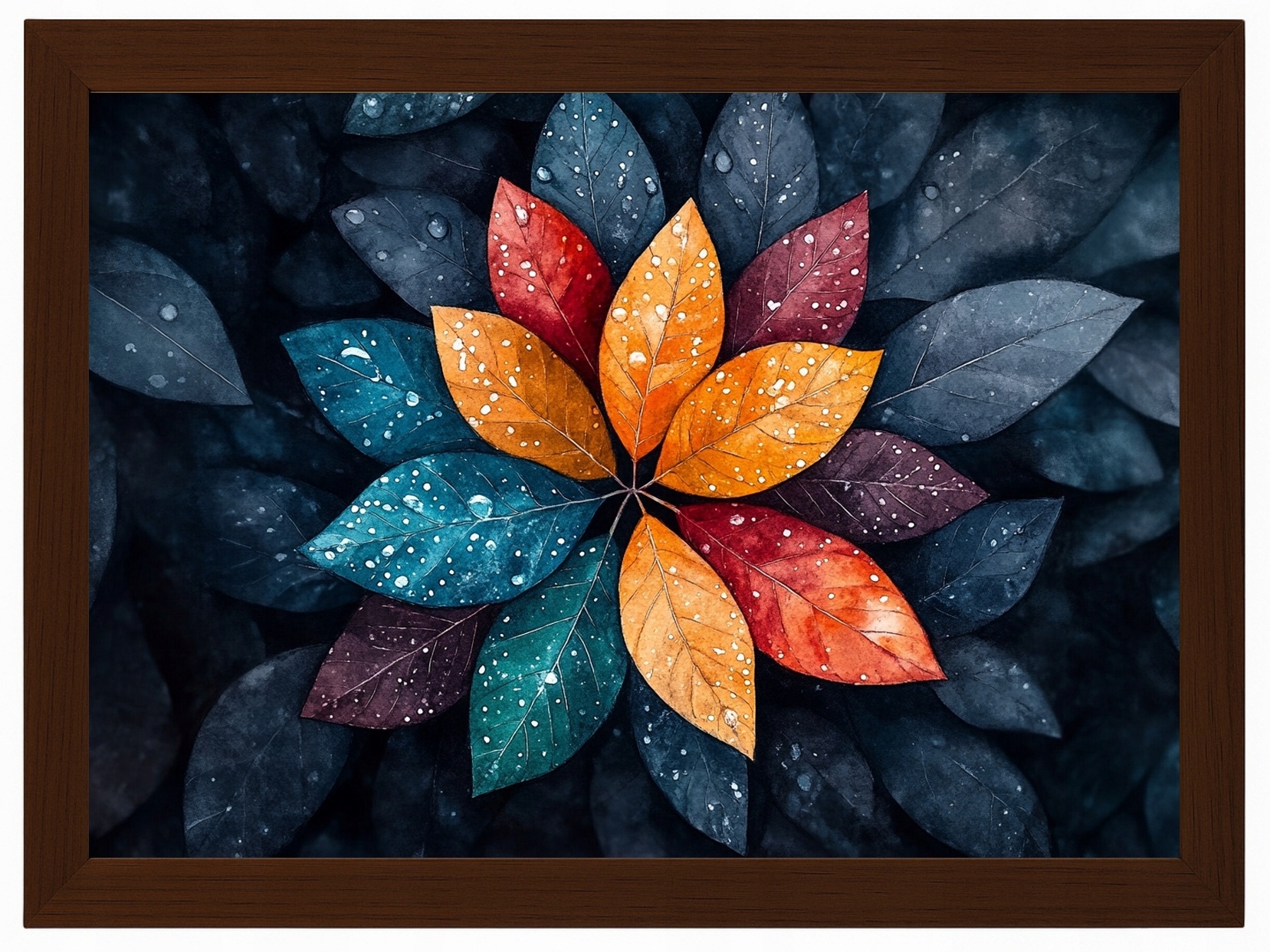 Plakát Rámeček Dřevo Barevné Listy Mandala Kapky Deště 100x70