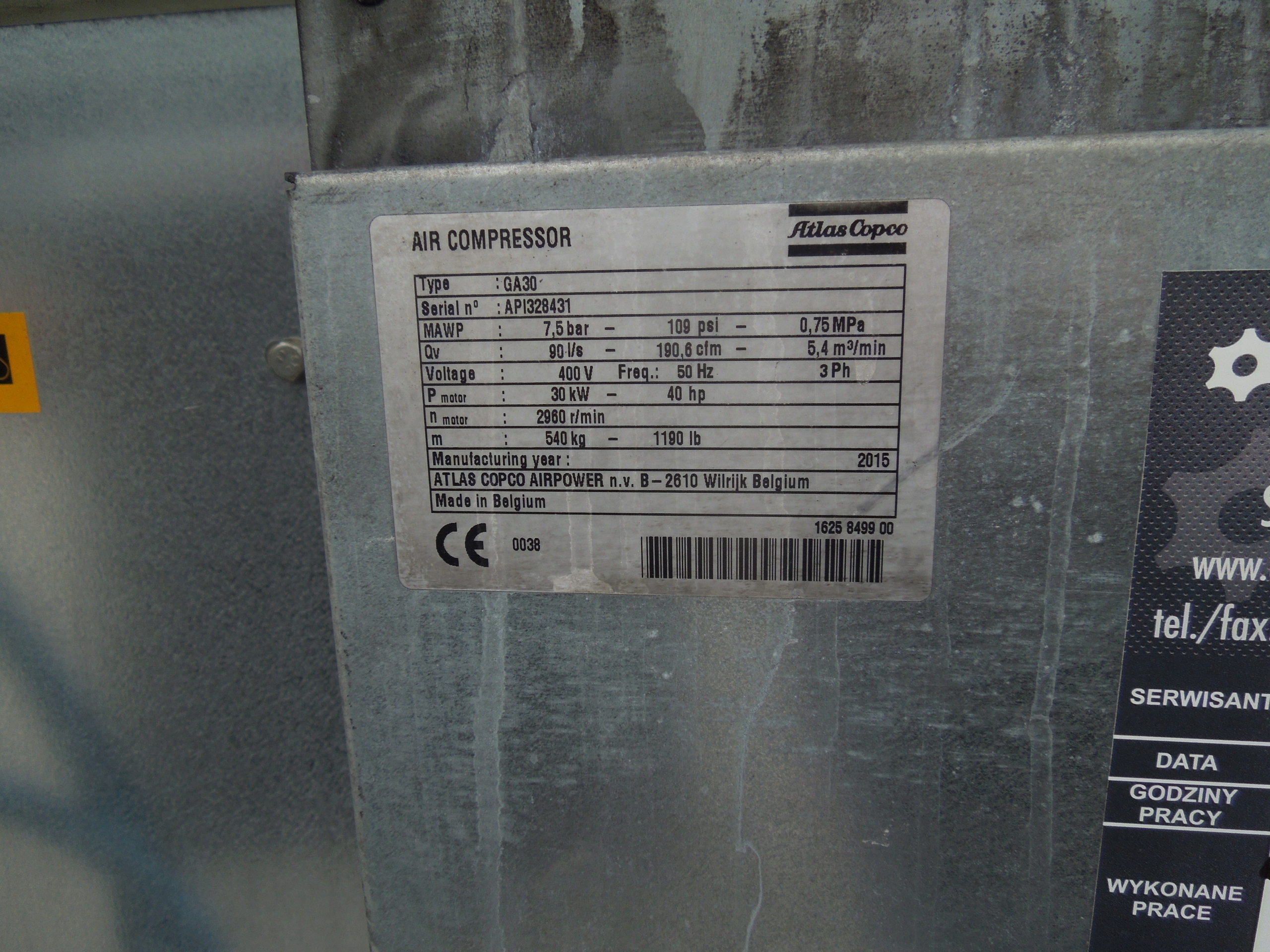 SPRĘŻARKA ŚRUBOWA ATLAS COPCO GA30 30Kw 2015r! Model GA