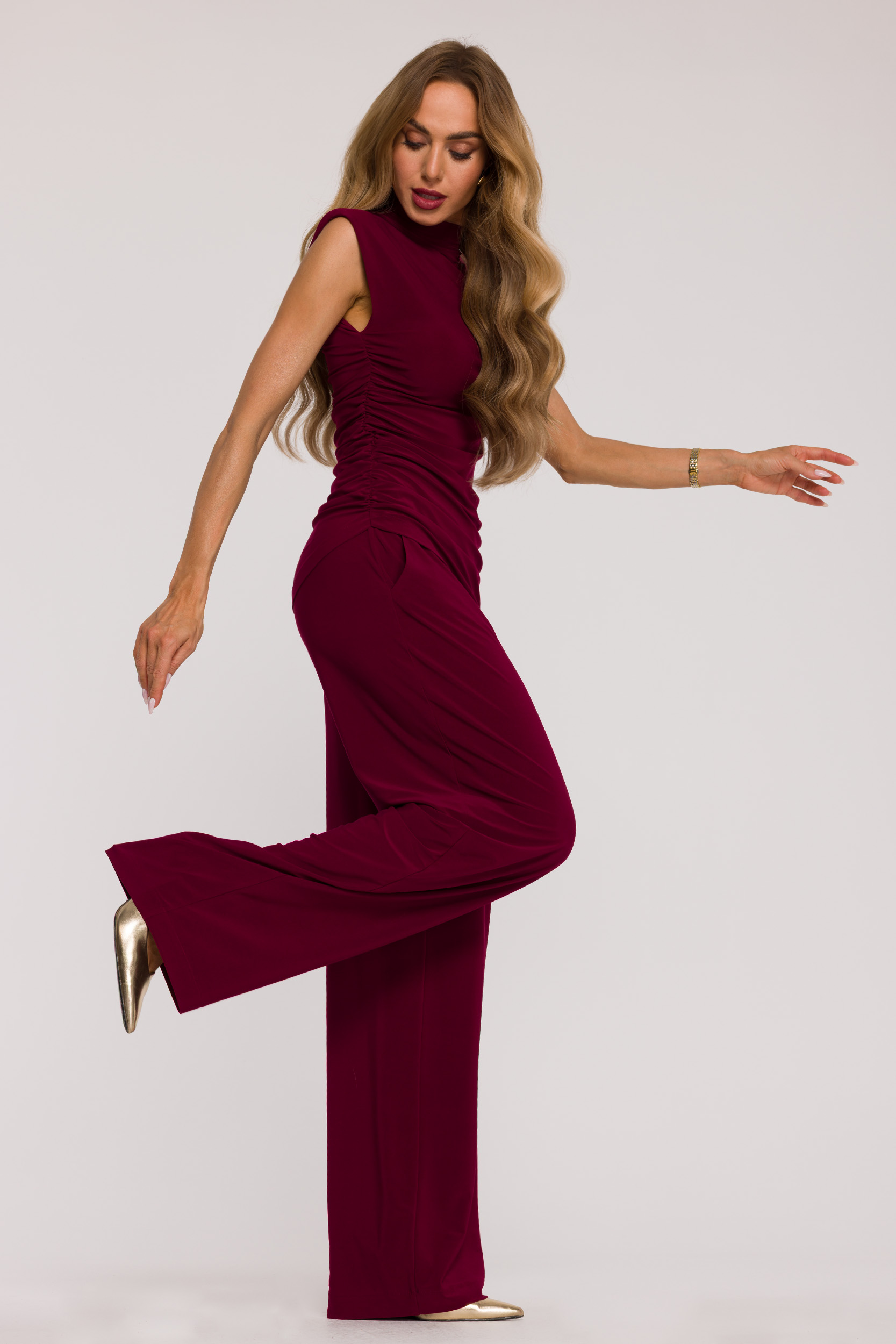 Komplet Elegantní Nařasená Halenka Široké Kalhoty Vínová 38 M