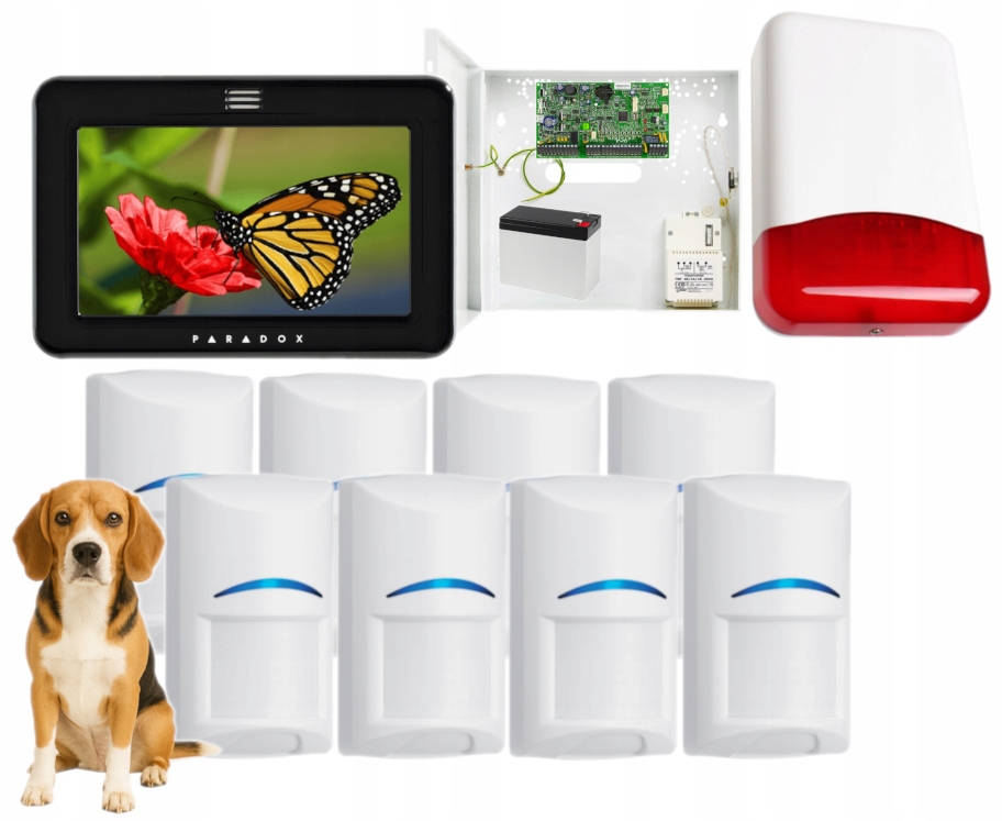 System Alarmowy Do Domu Mieszkania Paradox LCD Czarny 8 Czujek Bosch Pet