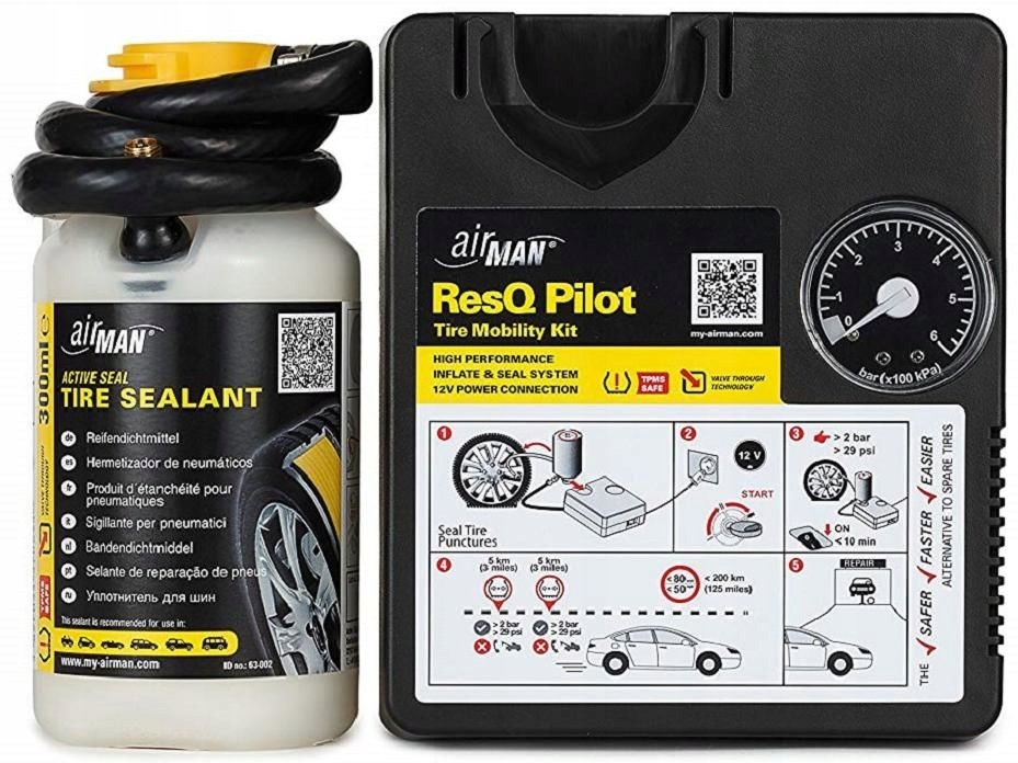 AirMan ResQ Pilot 12V Compressor 300 ml Tire Sealant Tire Mobility Kit