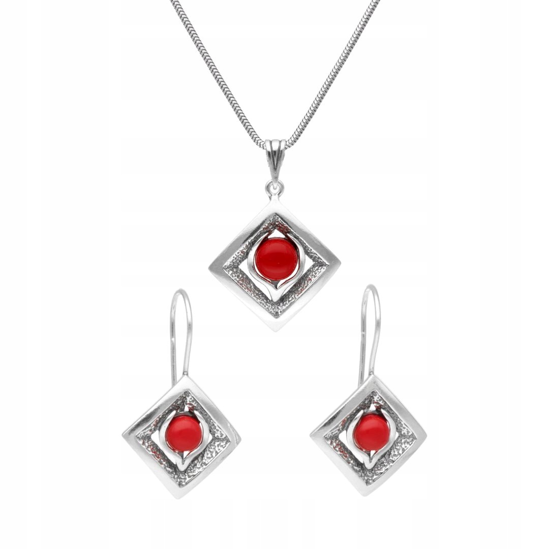 Komplet kosočtverců s korálem, stříbro oxidované