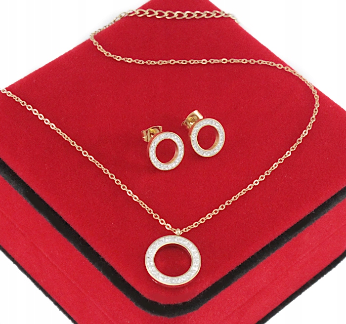 

Komplet Złoty Z Kółkiem Ring Cyrkonie Stal 316L