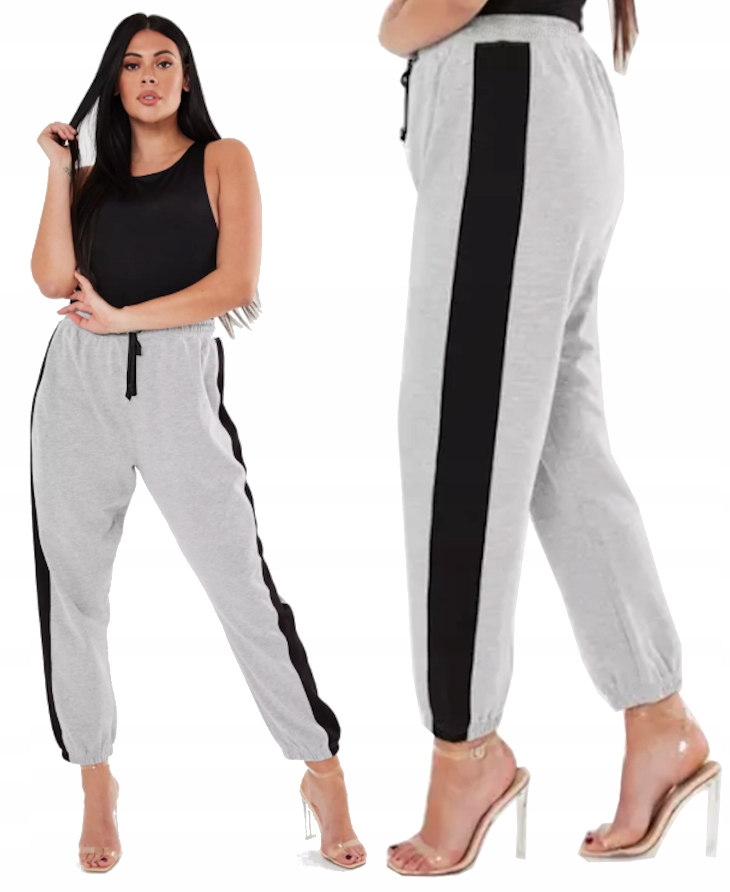 KOBIECE Spodnie Dresowe Szeroki LAMPAS Szare SML