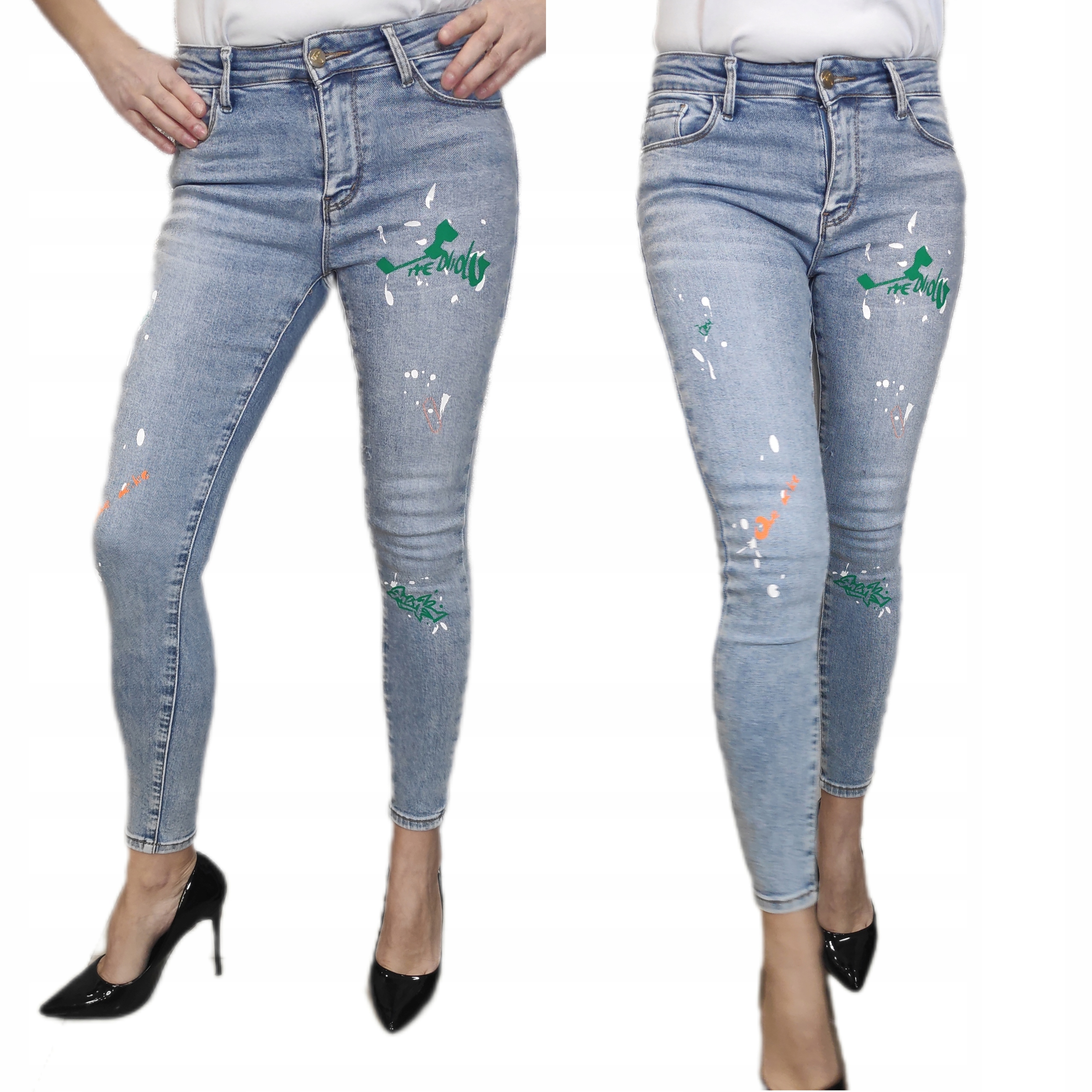 Jeansy damskie spodnie jeansowe rurki z nadrukiem