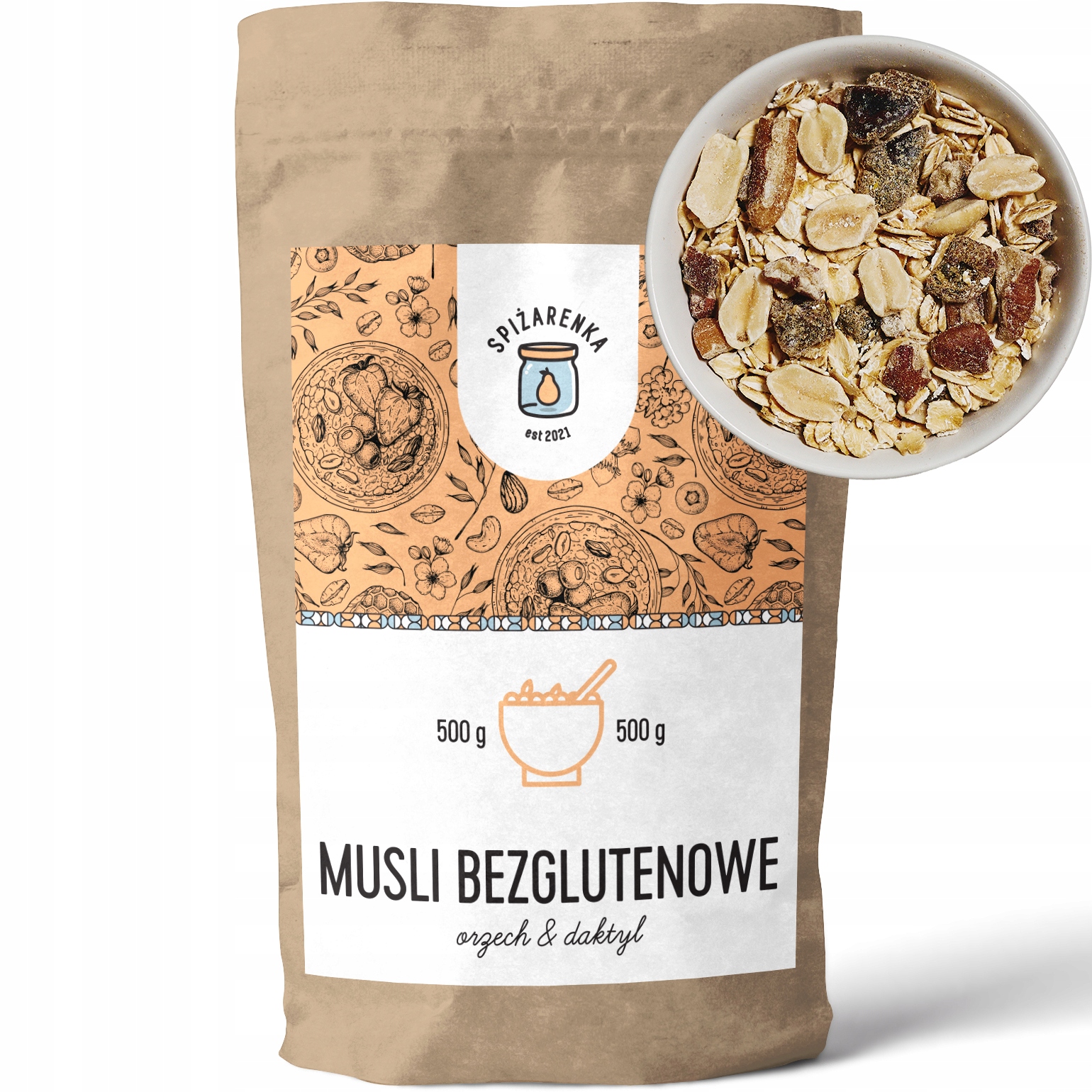 MUSLI BEZGLUTENOWE ORZECHOWO DAKTYLOWE pecan płatki chia 500g - SPIŻARENKA