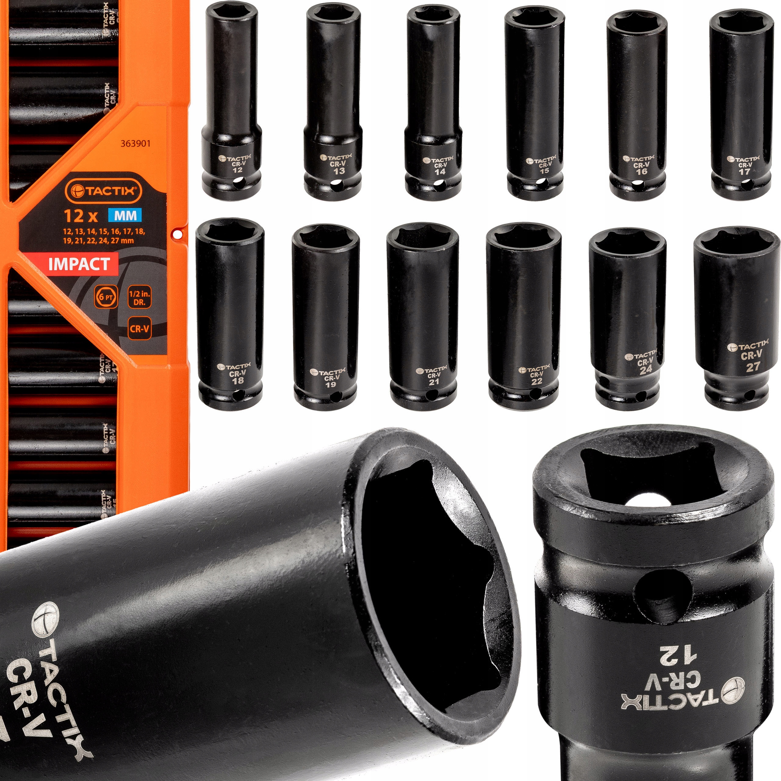 Nárazové nástavce dlouhé 1/2" 12-27 mm šestihranné kované Cr-v 12 ks Tactix