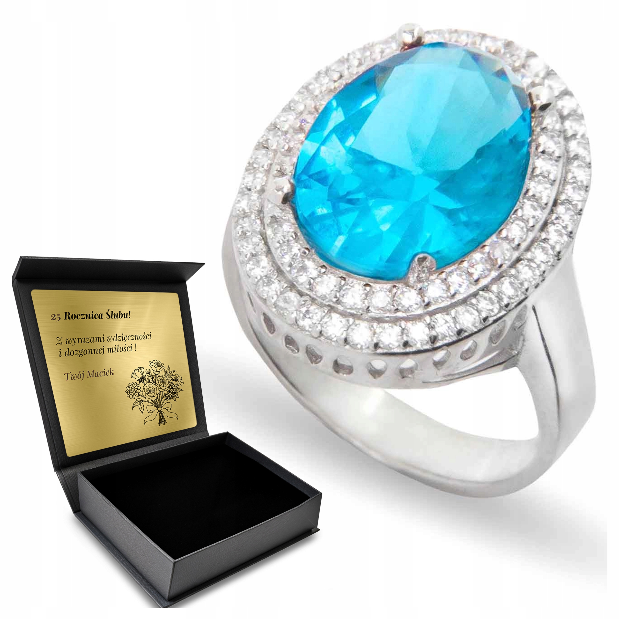 Prstýnek 925 S Zirkony A Modrým Topazem Pro Ženu Gravírování