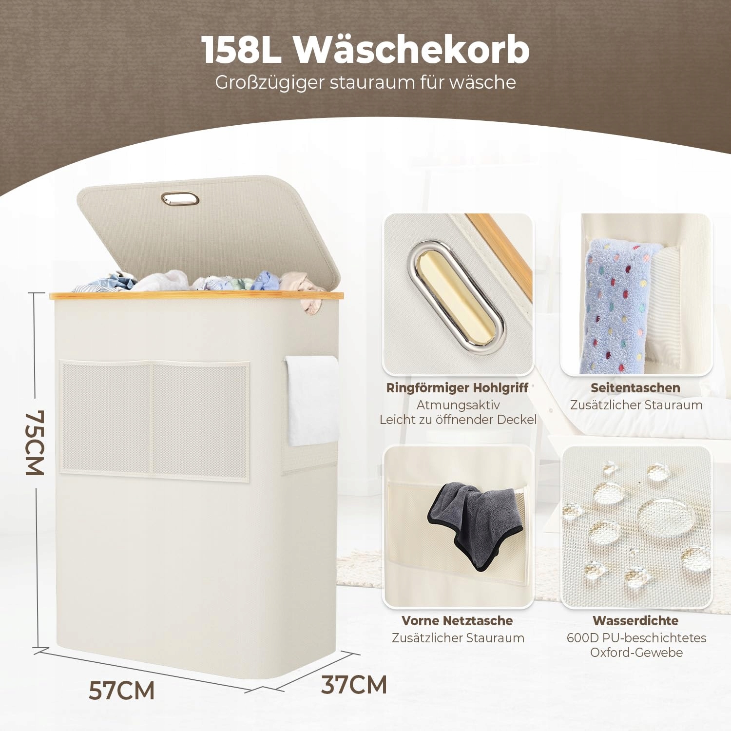 Koš na prádlo s víkem 3-komorový 158 l Bambus Oxford Beige s věšákem