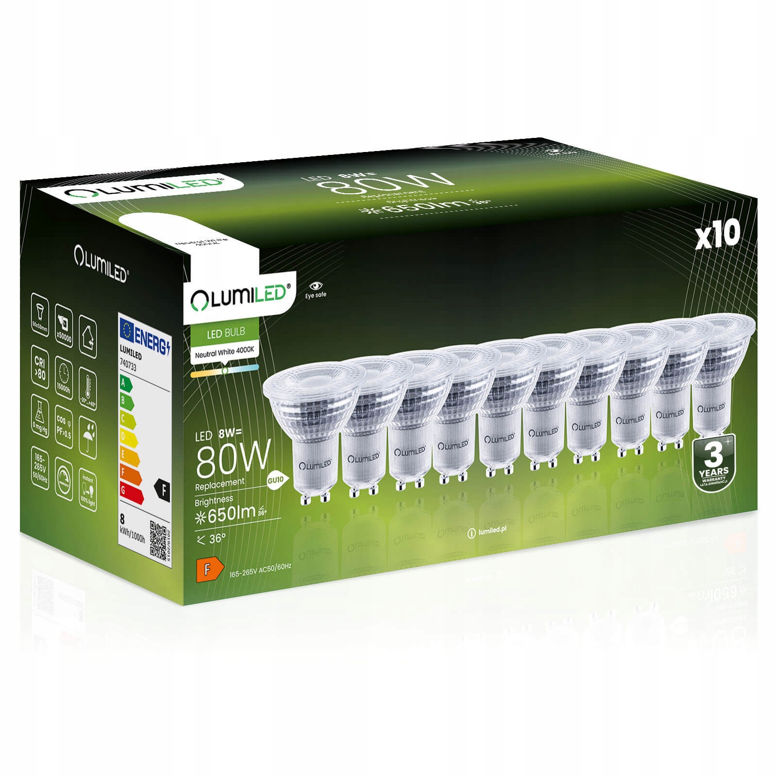 10X Żarówka Led GU10 8W 650lm 4000K Neutralna Reflektor Ściemnialna