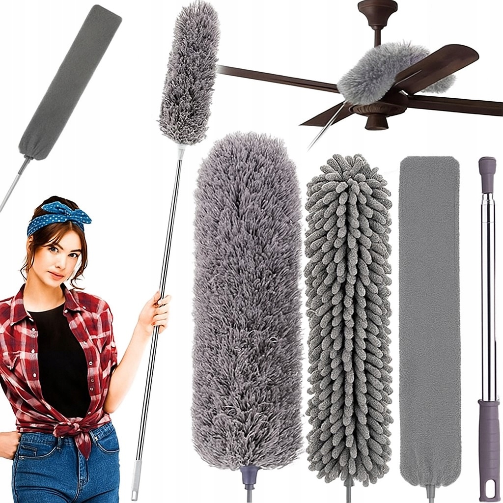 Telescopic brush for cleaning dust cobwebs 3 interchangeable tips 4in1