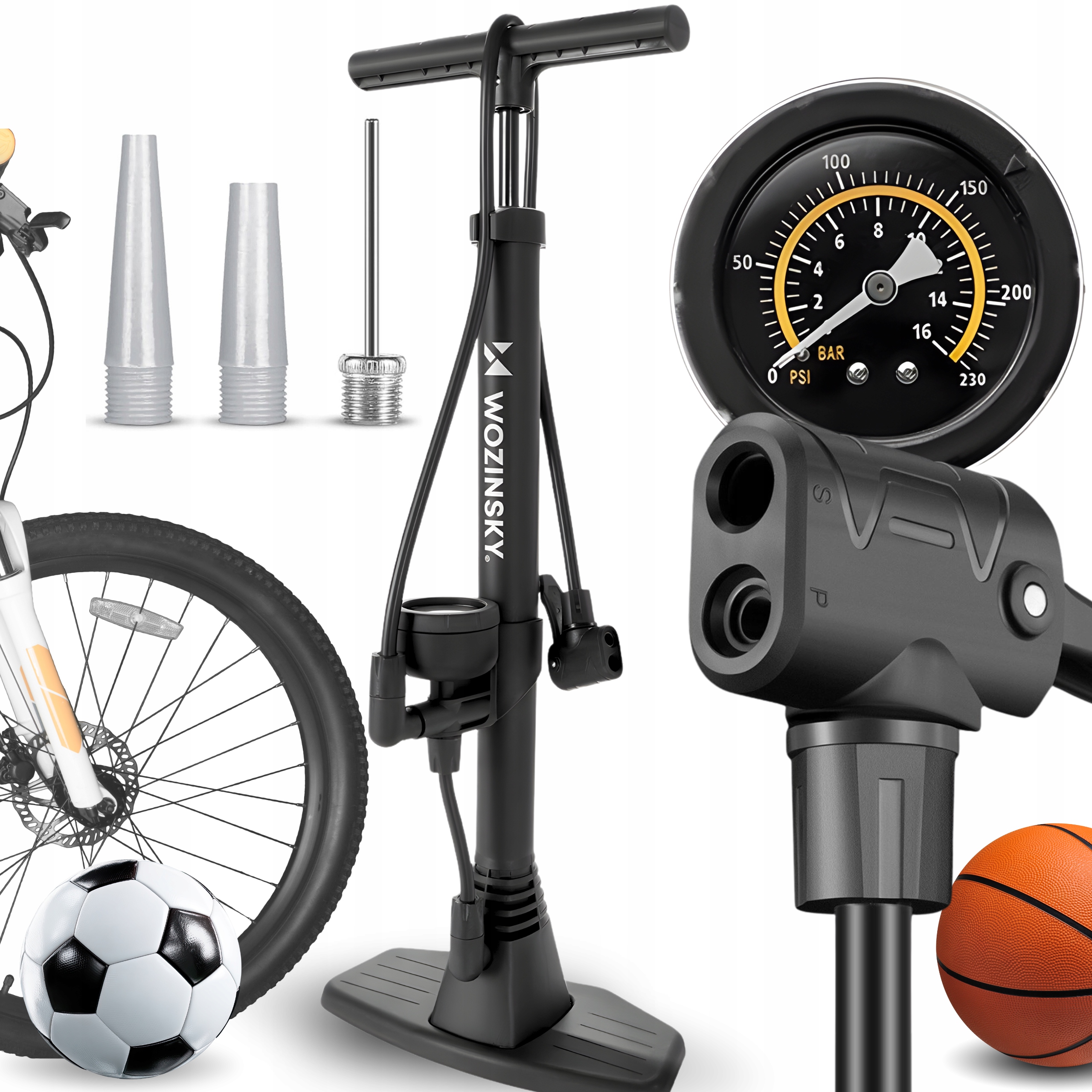 Pompka Rowerowa Manometr PODŁOGOWA160 Psi Presta Schrader Igła Do Piłek