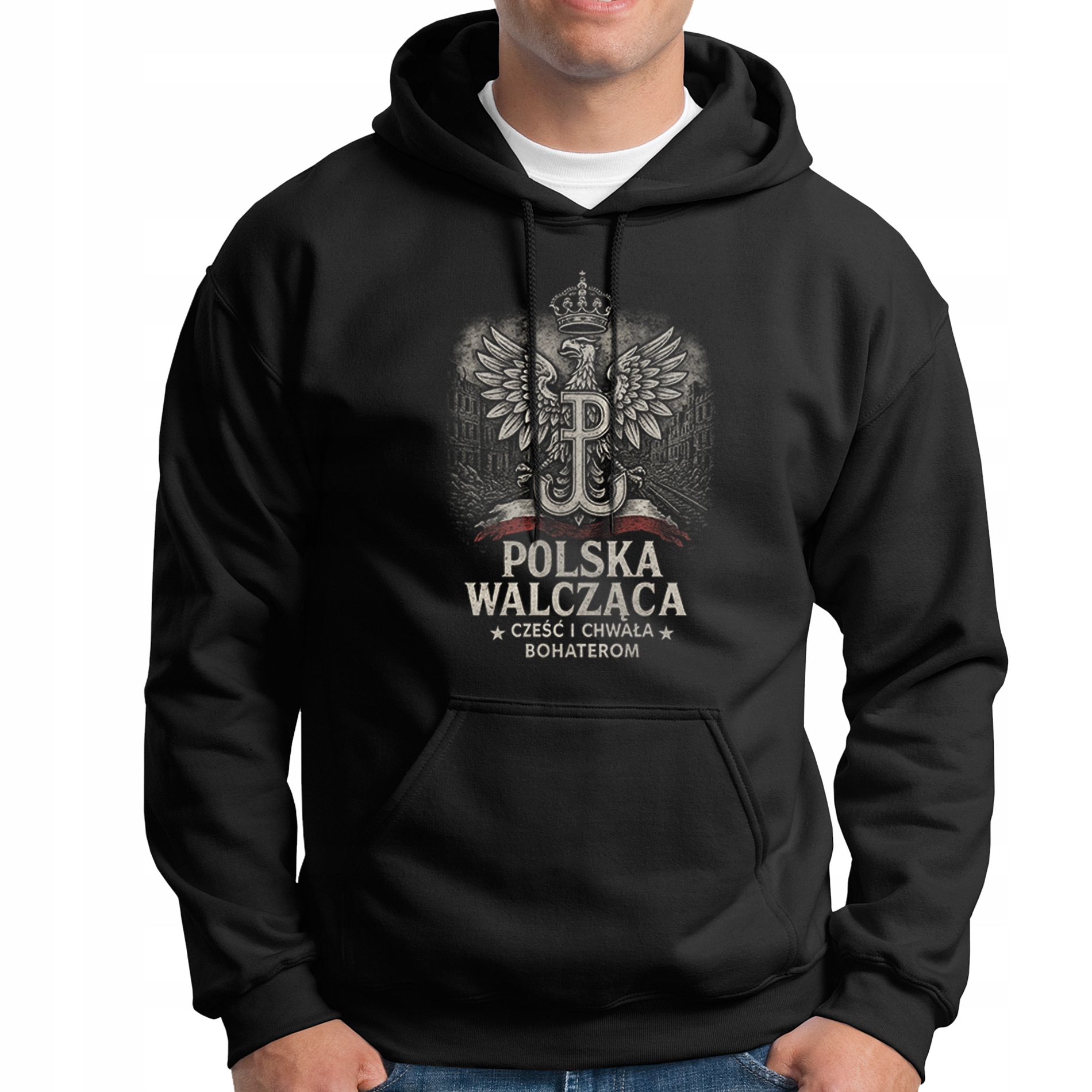 Bluza z Kapturem Kangurek Czarna Polska Walcząca Pw Patriotyczna z Kotwicą