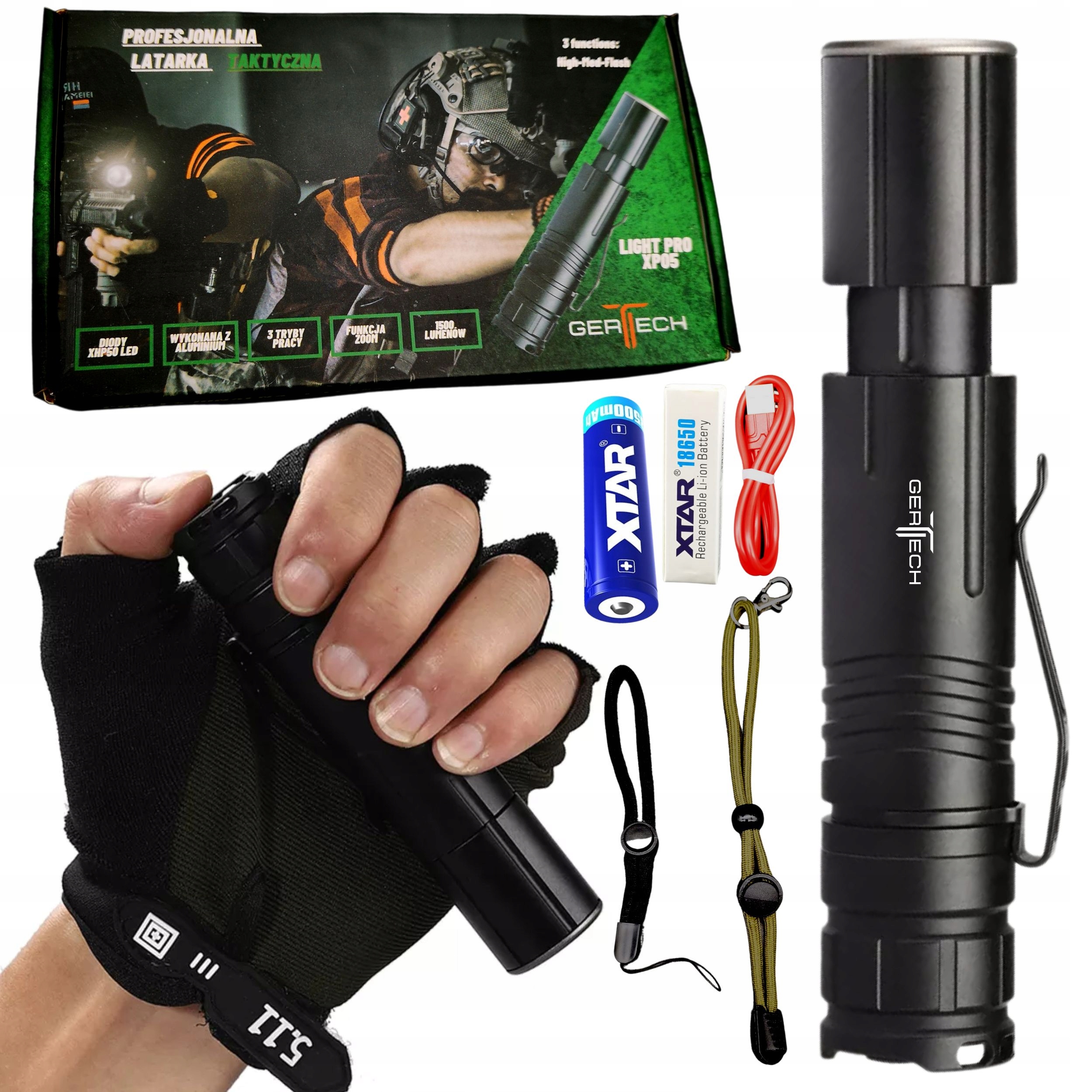 Latarka Led Taktyczna Akumulator Usb Mocna Gertech