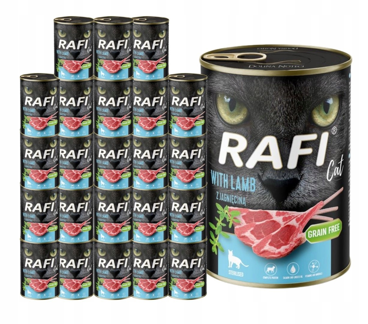 Levně Rafi mokré krmivo pro kočky sterilizované s jehněčím masem 24x400g Bezobilné