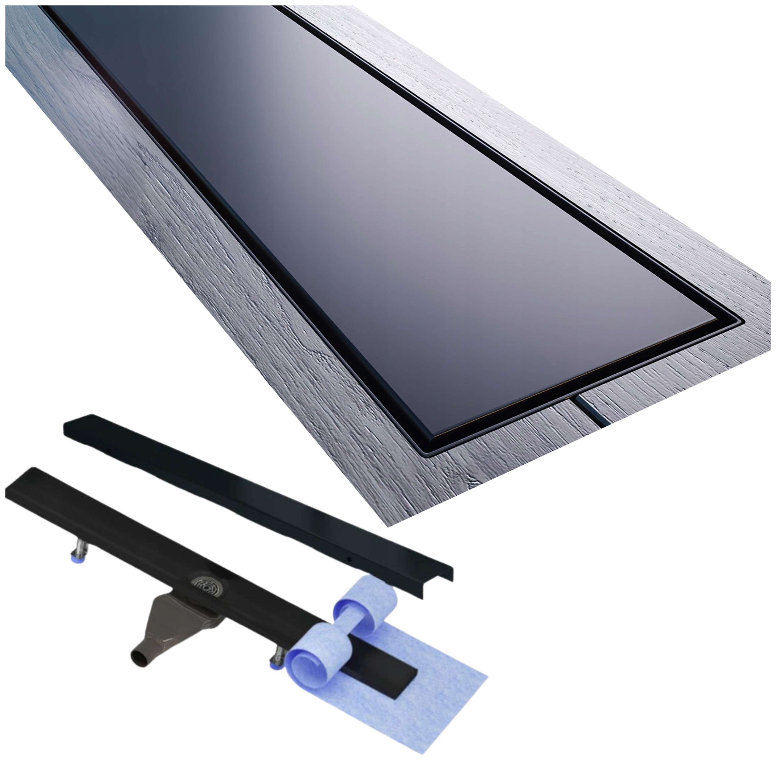 Lineárny odtok 90 cm nízky, čierny, kompletná sada Waterway