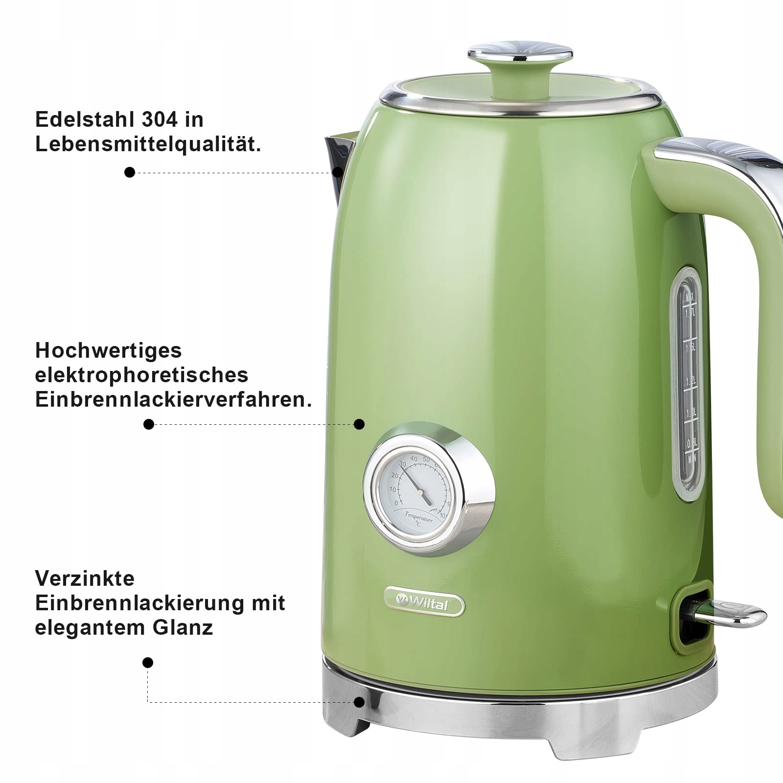 WILTAL Zestaw Retro Czajnik 1,7L 2200W Kremowy Stalowy Z Termometrem — miniatura 8