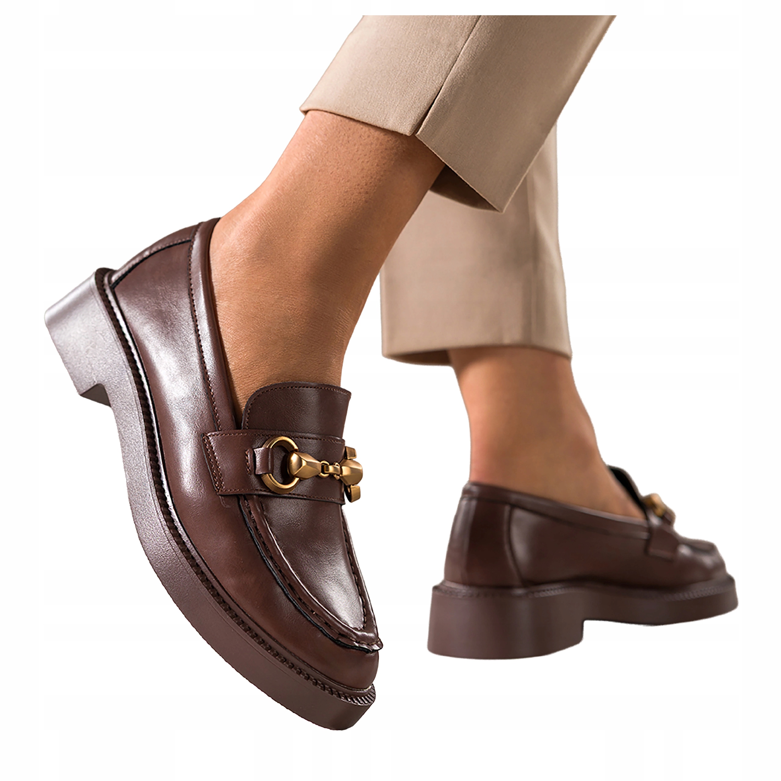 Hnědé Mokasíny Dámské Pohodlné Zlaté Ozdoba Nízký Podpatek Polobotky vel 36