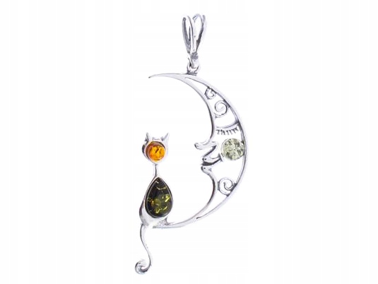 Stříbrný Přívěsek s Jantarem Kočka na Měsíci Oxidovaný Závěs Měsíc