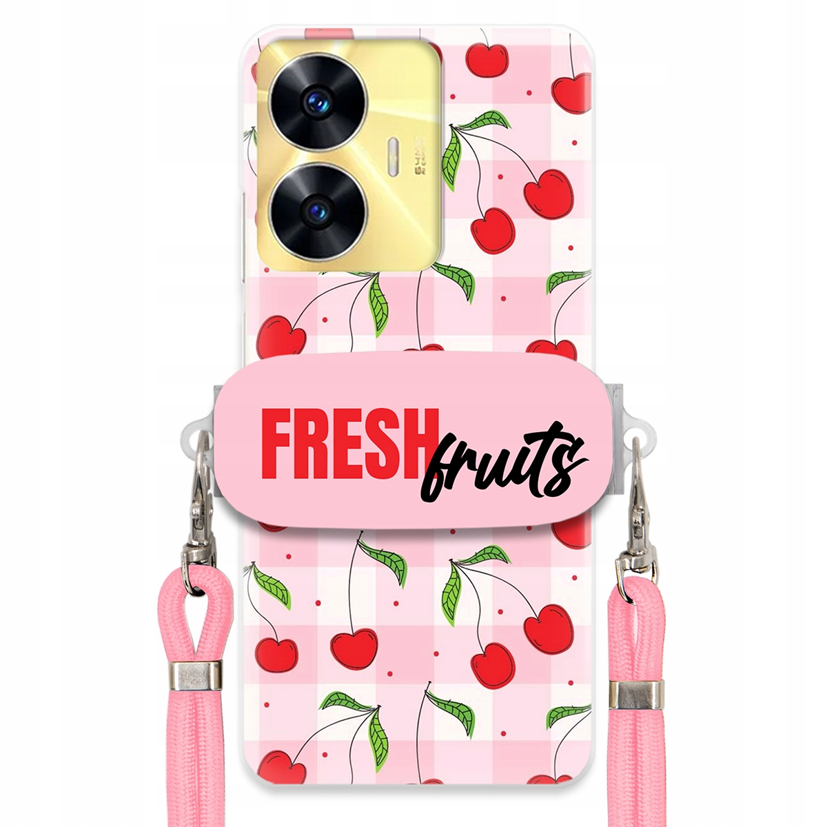 Puzdro pre Realme C55 Case držiak na šnúrku Ružový Fresh Fruits Mriežka Ovocie