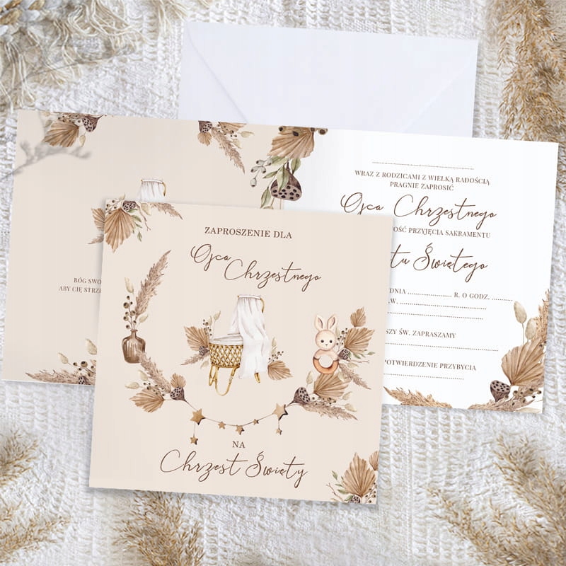 ZAPROSZENIE na Chrzest dla Chrzestnego BOHO Kolor biały