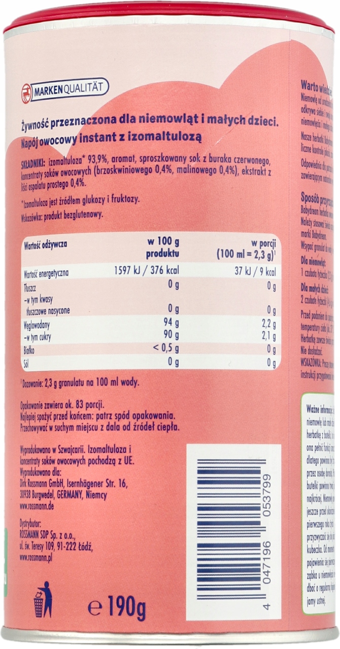 BABYDREAM HERBATKA INSTANT 4m+ OWOCOWA 2x190g Stan opakowania oryginalne