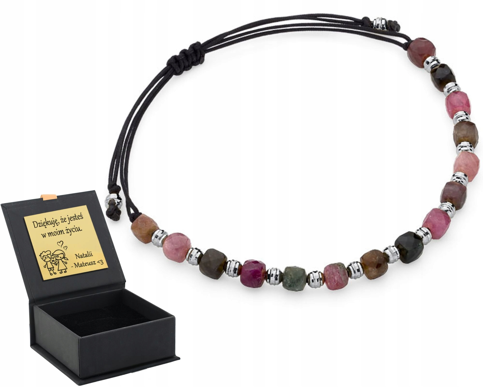 Šňůrkový Náramek Kameny Turmalíny Kuličky Stříbrné 925 Dárek Gravírování