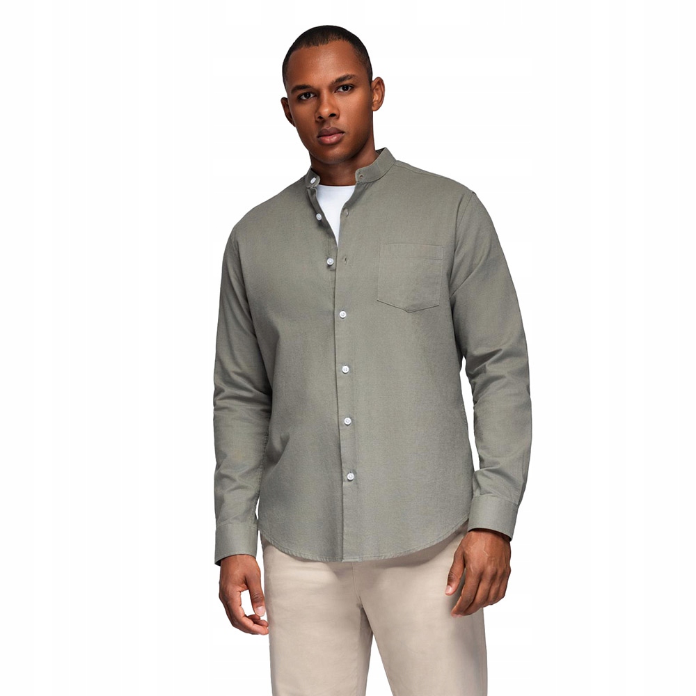 Pánská ležérní lněná košile regular fit stojáček khaki OM-SHCS-0161 V6 vel. S