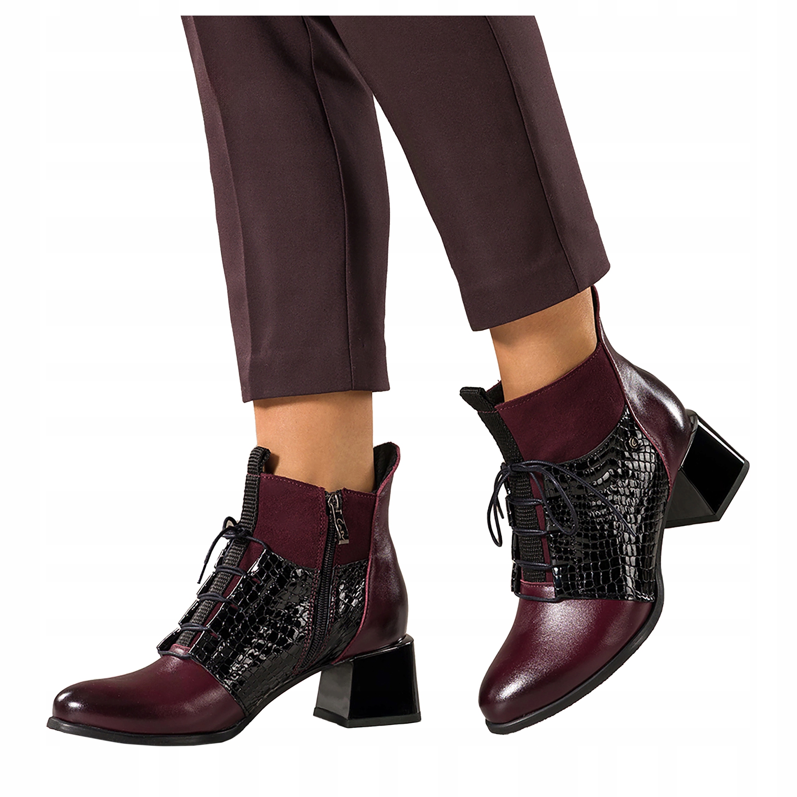 Bordové dámské kotníkové boty Kožené Ploché Pohodlné Lakované Šněrovací vel. 41