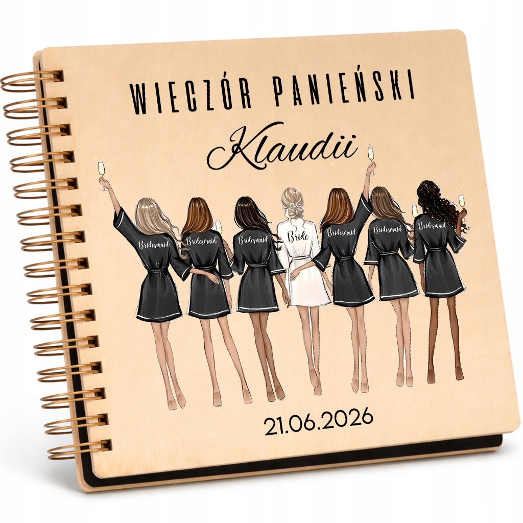 Album Drewniany Spirala Złota PANIEŃSKI *IMIĘ DATA* Na Wieczór Panieński