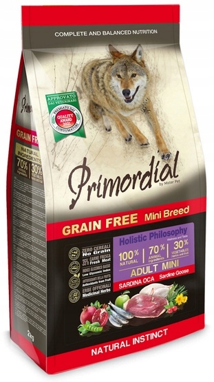 Bezobilné krmivo pro malého psa Primordial Sardinka a husa 2 kg
