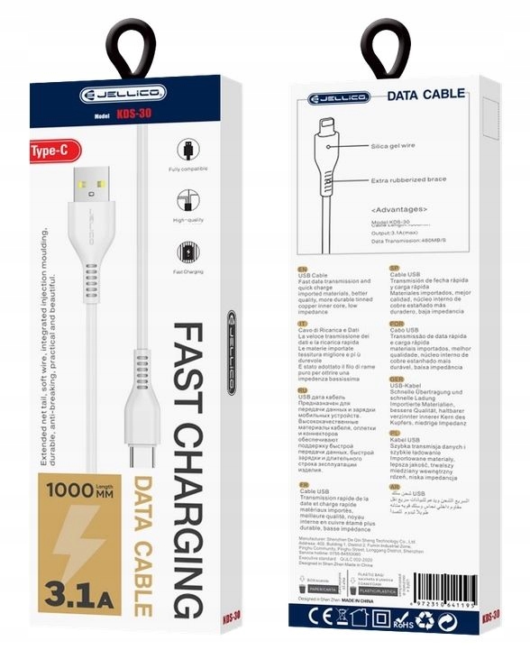 Szybki Kabel 3.1 A PD USB na USB-C Ładowarki Quick Charge 1m JELLICO Złącza USB - USB typ C