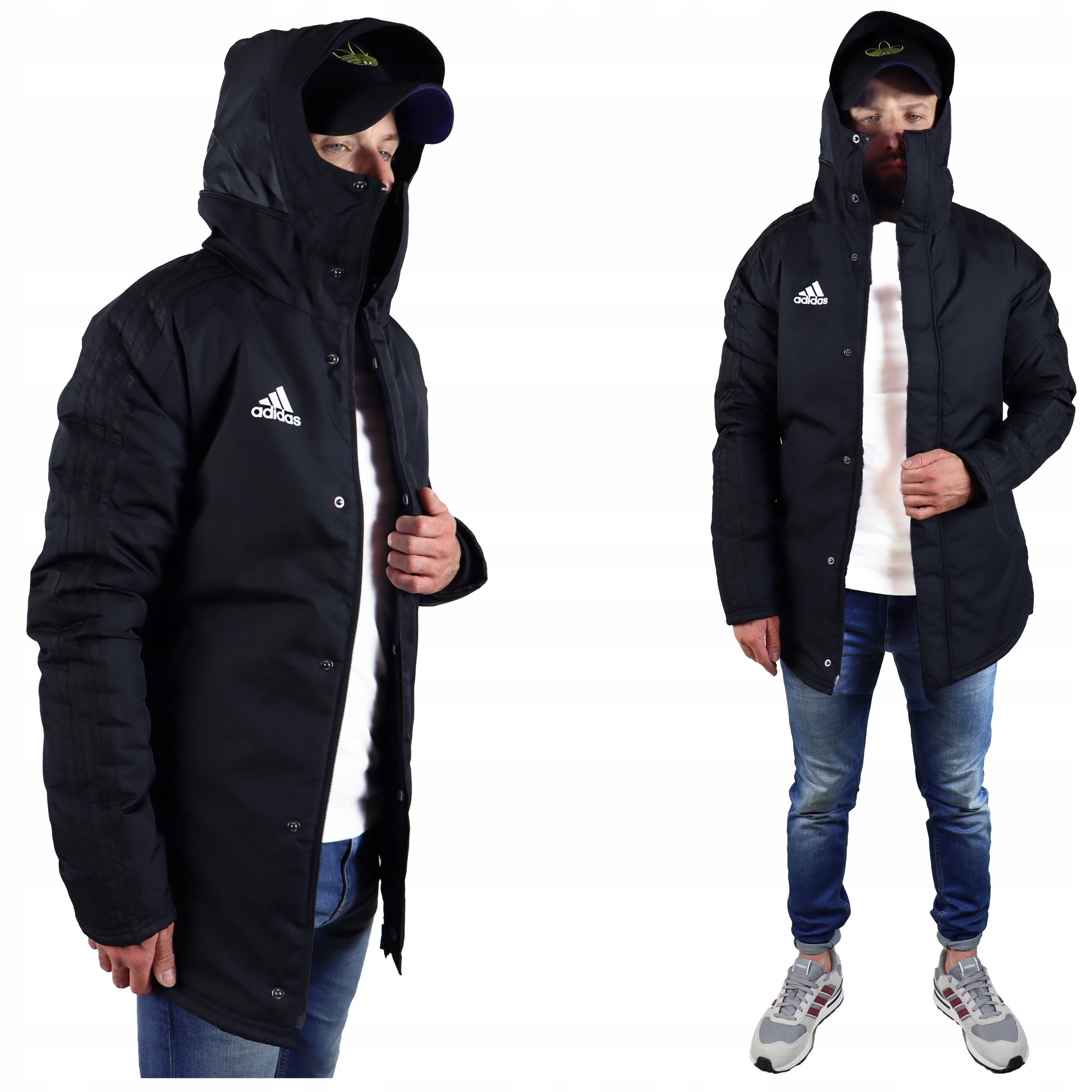 Adidas Zimní Teplá pánská bunda s kapucí dlouhá Parka zateplená Černá