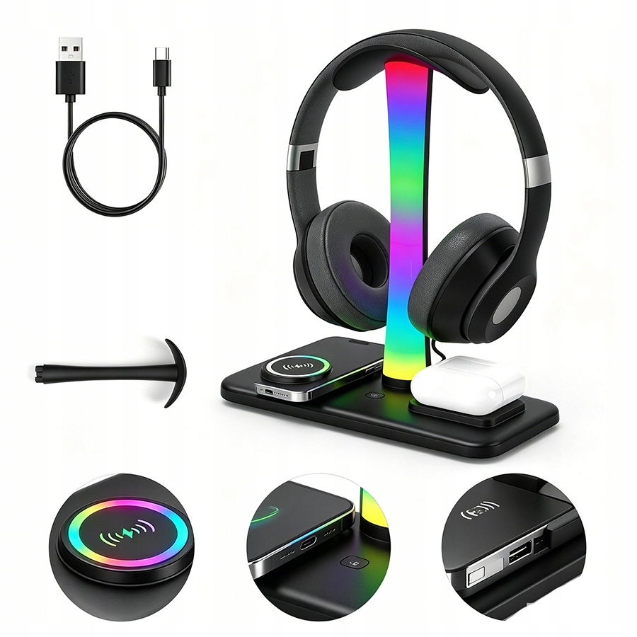 Stojan Na Sluchátka Hold Rgb podsvícení Hub 3x Usb Typ-C Indukce