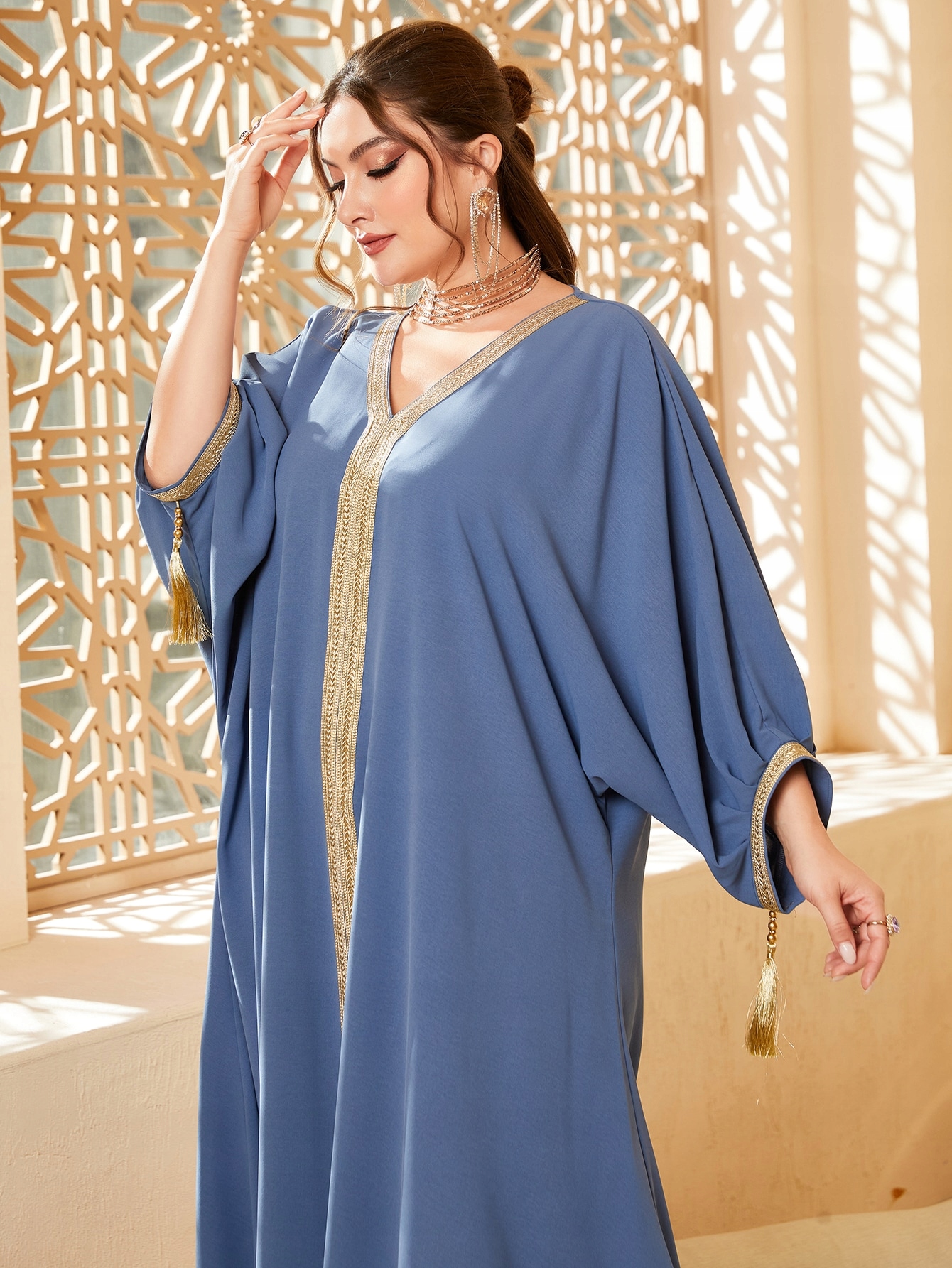 Šaty V Arabském Stylu Se Zlatými Výšivkami Volné Maxi Dusty Blue Shein 5XL