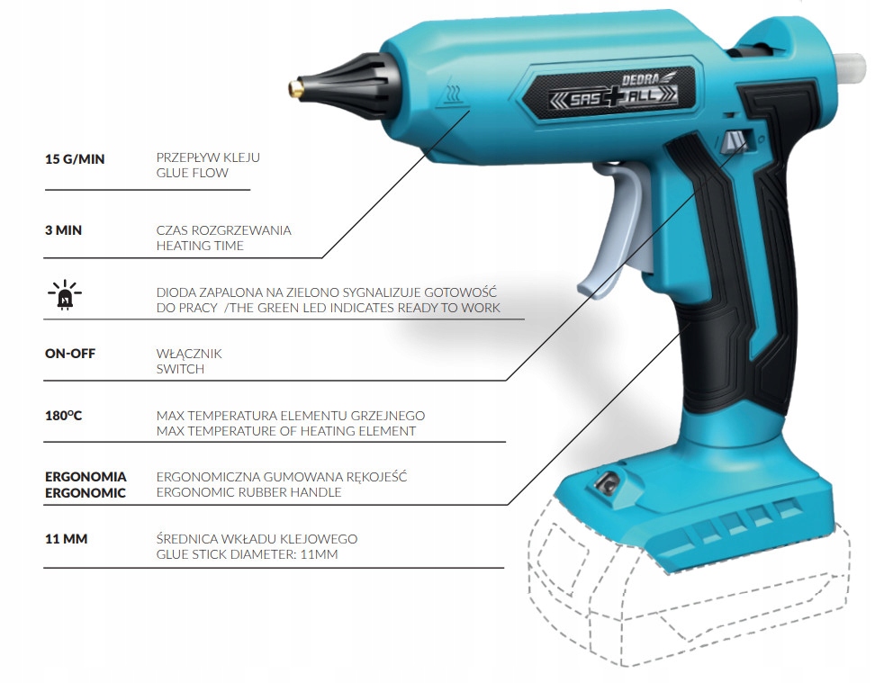 PISTOLET DO KLEJU AKUMULATOROWY DED7052 SAS+ (BODY) Moc 1 W