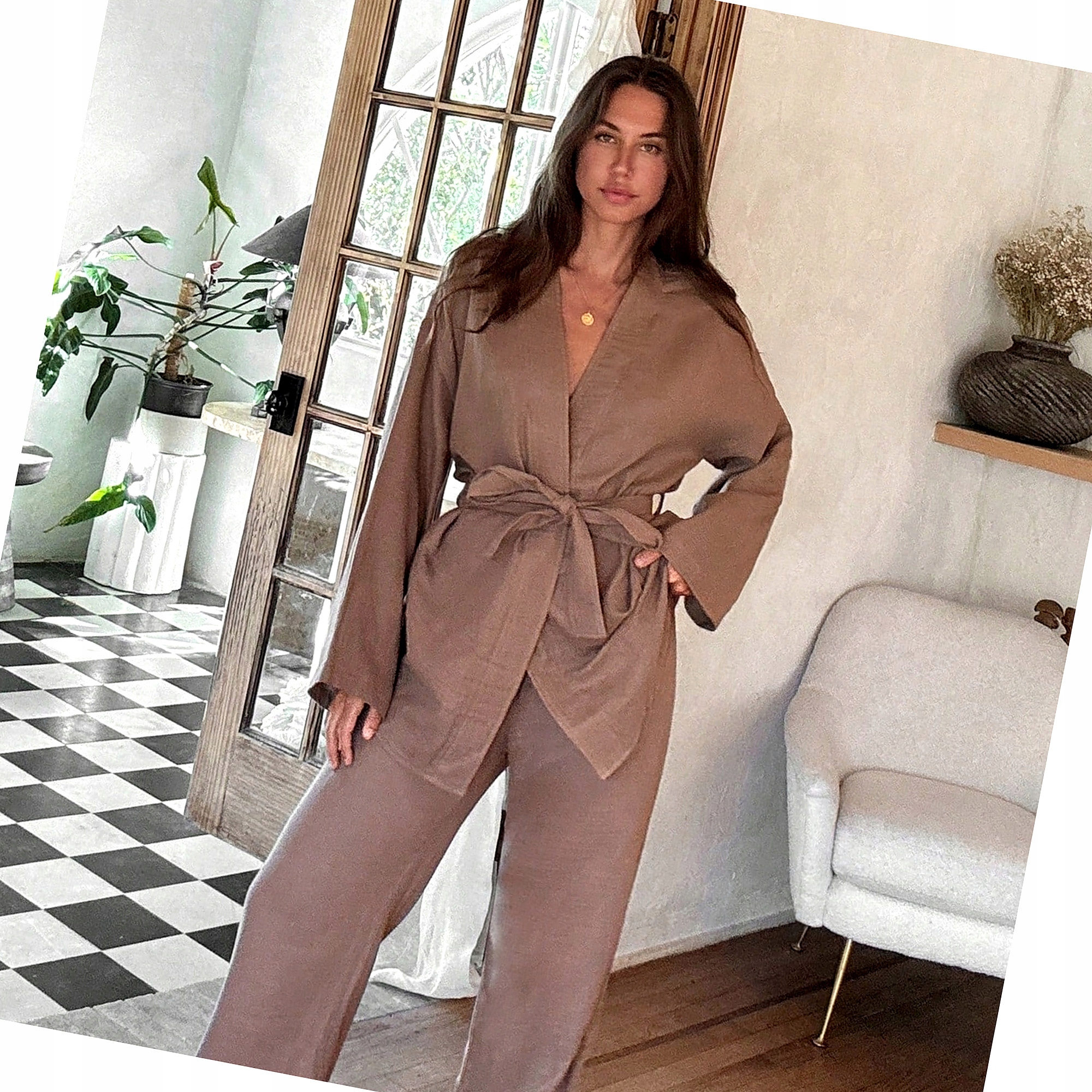 Oversize komplet s páskem na léto Casual Zavazovací Čokoládový Dámský S 36