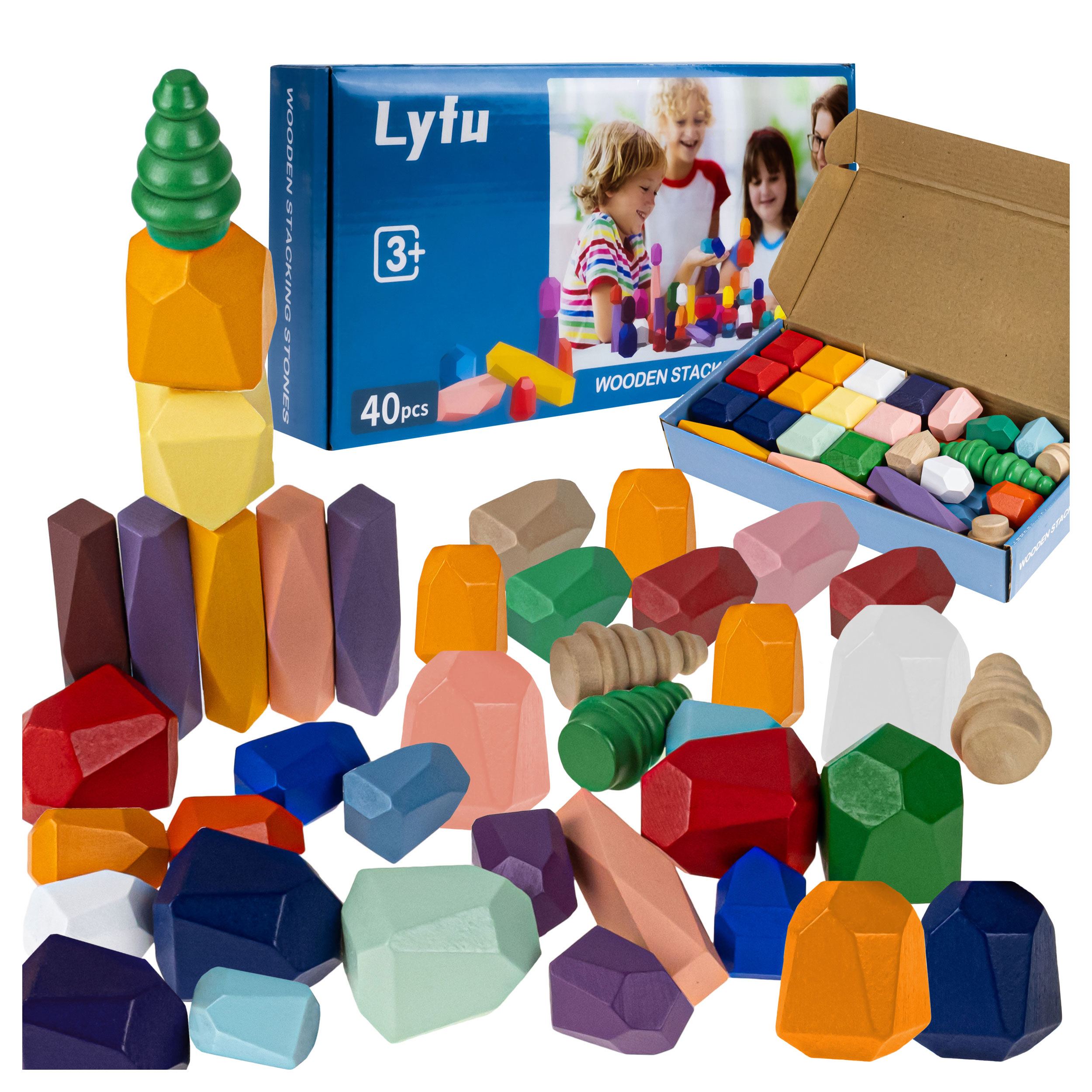 DREWNIANE KLOCKI KAMYCZKI MONTESSORI KOLOROWE KAMIENIE SENSORYCZNE AŻ 40 EL