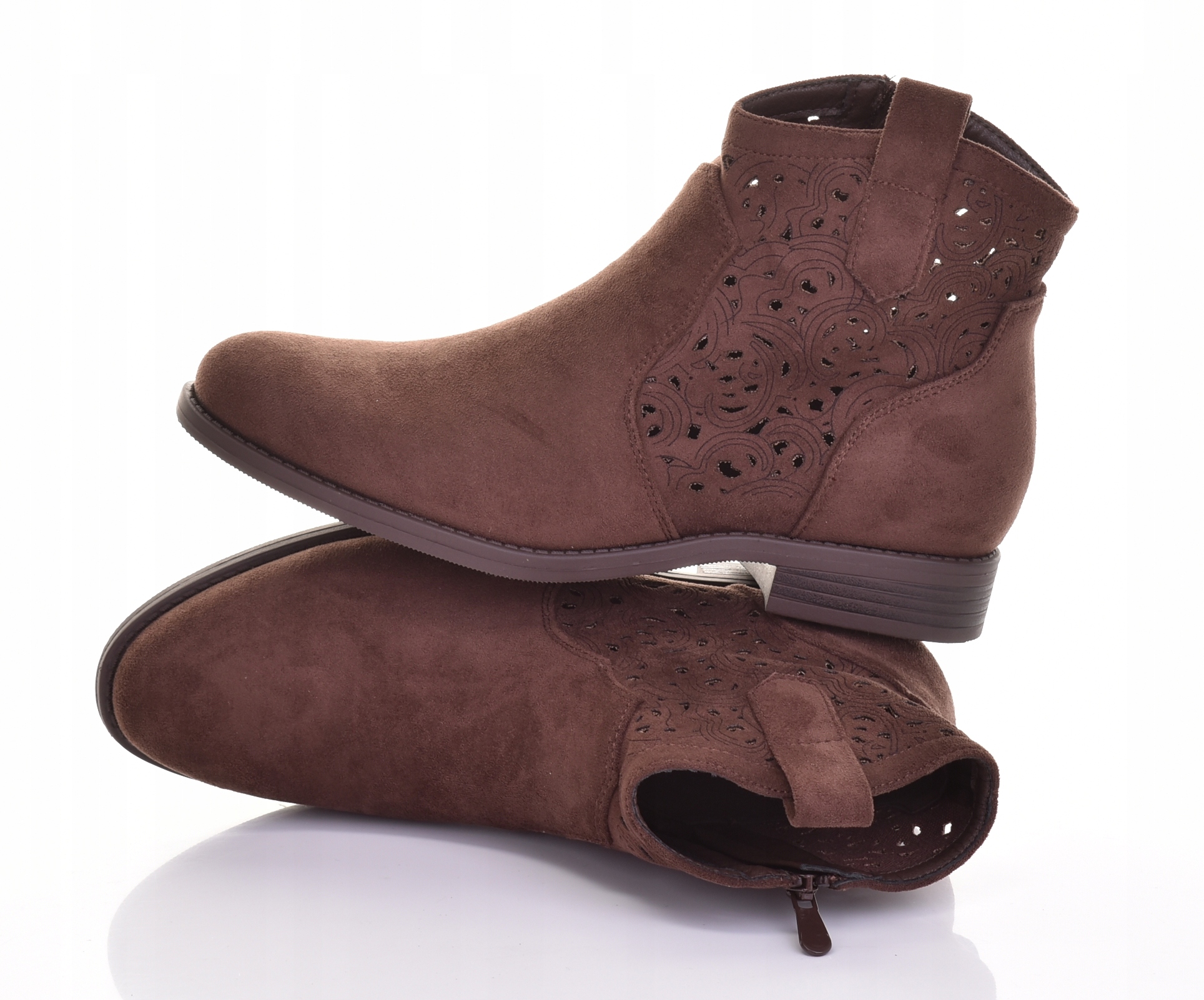 Čokoládové Elegantní Dámské Kotníkové Boty Semišové Ažurové S Plochým Módním Podpatkem