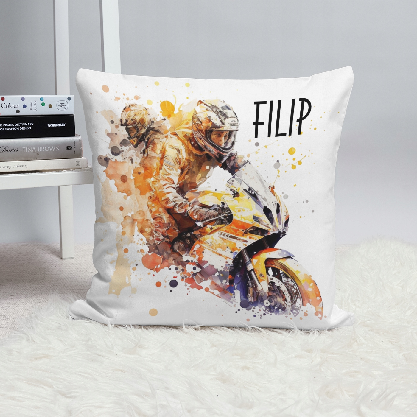 ZESTAW MOTORBIKE WYŚCIGI KUBEK PODUSZKA Z IMIENIEM Wysokość 38 cm