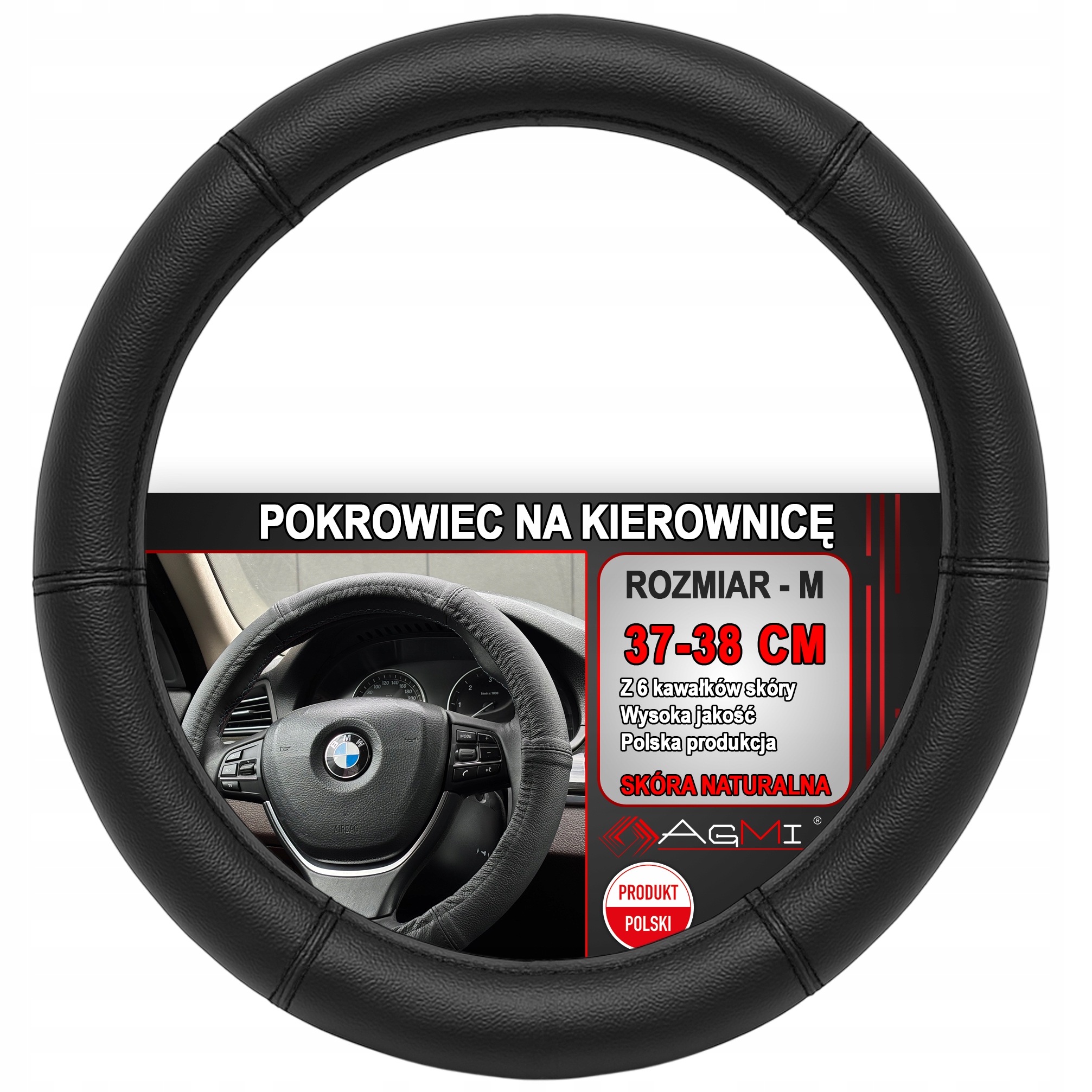 Nakładka Na Kierownicę Skórzana Pokrowiec Czarna Skóra 6 Kawałków 37-38 CM