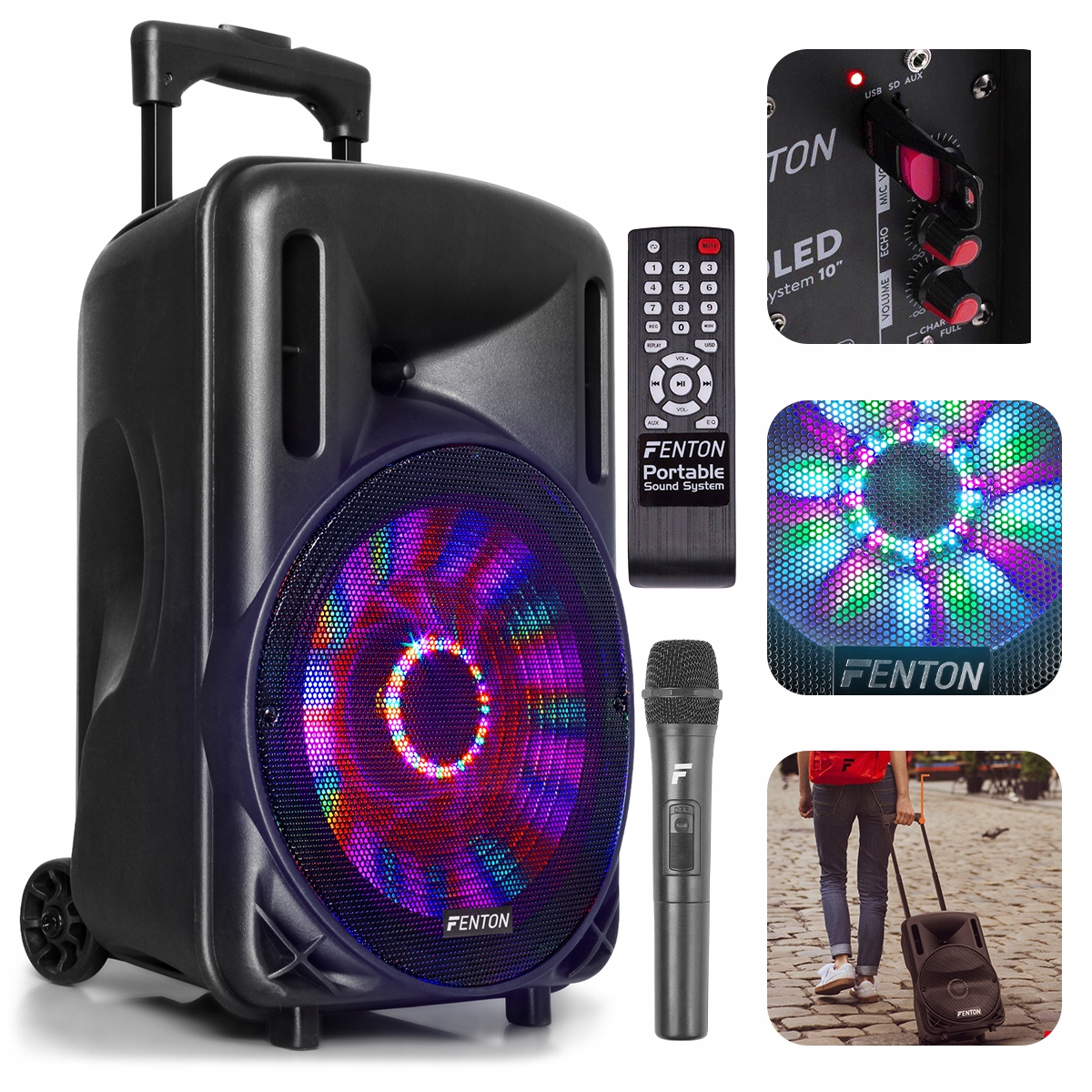 Głośnik przenośny Bluetooth 10 cali 450W Led Karaoke Usb MIC na akumulator